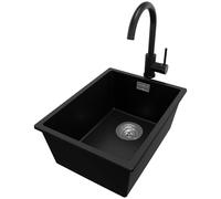 PRIMAGRAN Evier Cuisine en Granit au Meuble 40cm + Robinet, 36x47cm | Set: Robinet BW5010 + Kit de Vidage (Siphon, bonde d’évacuation, trop-plein) + Lavabo 1 Bac - London, Noir