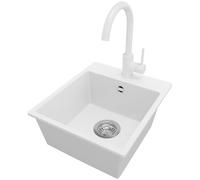 PRIMAGRAN Evier Cuisine en Granit au Meuble 40cm + Robinet, 38x44cm | Set: Robinet BW5010 + Kit de Vidage (Siphon, bonde d’évacuation, trop-plein) + Lavabo 1 Bac - Riga, Blanc