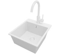 PRIMAGRAN Evier Cuisine en Granit au Meuble 40cm + Robinet, 38x44cm | Set: Robinet BW5010 + Kit de Vidage (Siphon, bonde d’évacuation, trop-plein) + Lavabo 1 Bac - Riga, Tout Blanc