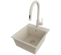 PRIMAGRAN Evier Cuisine en Granit au Meuble 40cm + Robinet, 38x44cm | Set: Robinet BW9010 + Kit de Vidage (Siphon, bonde d’évacuation, trop-plein) + Lavabo 1 Bac - Riga, Tout Beige