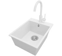 PRIMAGRAN Evier Cuisine en Granit au Meuble 40cm + Robinet, 38x50cm | Set: Robinet BW5010 + Kit de Vidage (Siphon, bonde d’évacuation, trop-plein) + Lavabo 1 Bac - Riga, Blanc