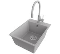 PRIMAGRAN Evier Cuisine en Granit au Meuble 40cm + Robinet, 38x50cm | Set: Robinet BW6020 + Kit de Vidage (Siphon, bonde d’évacuation, trop-plein) + Lavabo 1 Bac - Riga, Gris