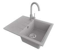 PRIMAGRAN Evier Cuisine en Granit au Meuble 40cm + Robinet, 62x50cm | Set: Robinet BW5010 + Kit de Vidage (Siphon, bonde d’évacuation, trop-plein) + Lavabo 1 Bac - Milan, Gris