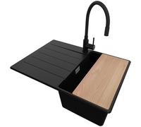 PRIMAGRAN Evier Cuisine en Granit au Meuble 40cm + Robinet, 70x50cm | Set: Robinet BW6020 + Kit de Vidage + Planche à Découper + Lavabo 1 Bac - Copenhague Top, Noir