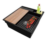 PRIMAGRAN Evier Cuisine en Granit au Meuble 50cm + Kit de Vidage, 48x53cm | Set: Kit de Vidage (Siphon, bonde d’évacuation, trop-plein) + Lavabo 1 Bac - Oslo, Noir