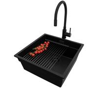 PRIMAGRAN Evier Cuisine en Granit au Meuble 50cm + Robinet, 46x47cm | Set: Robinet BW6020 + Kit de Vidage + Égouttoir Enroulable + Lavabo 1 Bac - Prague, Tout Noir