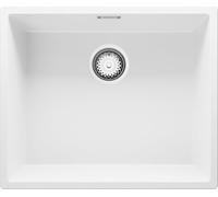 PRIMAGRAN Evier Cuisine en Granit au Meuble 60cm + Kit de Vidage, 56x47cm | Set: Kit de Vidage (Siphon, bonde d’évacuation, trop-plein) + Lavabo 1 Bac - London, Blanc