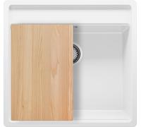 PRIMAGRAN Evier Cuisine en Granit au Meuble 60cm + Kit de Vidage, 56x53cm | Set: Kit de Vidage (Siphon, bonde d’évacuation, trop-plein) + Planche à Découper + Lavabo 1 Bac - Bergen, Blanc