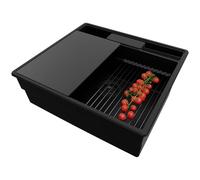 PRIMAGRAN Evier Cuisine en Granit au Meuble 60cm + Kit de Vidage, 58x53cm | Set: Kit de Vidage (Siphon, bonde d’évacuation, trop-plein) + Lavabo 1 Bac - New York, Tout Noir