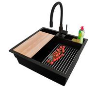 PRIMAGRAN Evier Cuisine en Granit au Meuble 60cm + Robinet, 56x54cm | Set: Robinet BW6020 + Kit de Vidage (Siphon, bonde d’évacuation, trop-plein) + Lavabo 1 Bac - Bergen Double, Noir