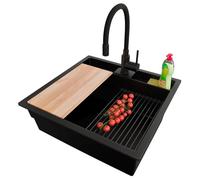 PRIMAGRAN Evier Cuisine en Granit au Meuble 60cm + Robinet, 56x54cm | Set: Robinet BW6020 + Kit de Vidage (Siphon, bonde d’évacuation, trop-plein) + Lavabo 1 Bac - Bergen Double, Tout Noir