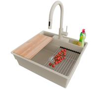 PRIMAGRAN Evier Cuisine en Granit au Meuble 60cm + Robinet, 58x53cm | Set: Robinet BW9010 + Kit de Vidage (Siphon, bonde d’évacuation, trop-plein) + Lavabo 1 Bac - New York, Beige