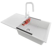 PRIMAGRAN Evier Cuisine en Granit au Meuble 60cm + Robinet, 90x50cm | Set: Robinet BW9070 + Kit de Vidage + Égouttoir Enroulable + Lavabo 1 Bac - Ibiza , Blanc