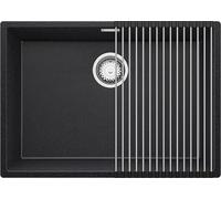 PRIMAGRAN Evier Cuisine en Granit au Meuble 70cm + Kit de Vidage, 66x47cm | Set: Kit de Vidage (Siphon, bonde d’évacuation, trop-plein) + Égouttoir Enroulable + Lavabo 1 Bac - London, Graphite