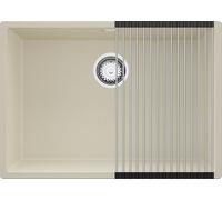 PRIMAGRAN Evier Cuisine en Granit au Meuble 70cm + Kit de Vidage, 66x47cm | Set: Kit de Vidage (Siphon, bonde d’évacuation, trop-plein) + Égouttoir Enroulable + Lavabo 1 Bac - London, Beige