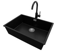 PRIMAGRAN Evier Cuisine en Granit au Meuble 70cm + Robinet, 66x47cm | Set: Robinet BW5010 + Kit de Vidage (Siphon, bonde d’évacuation, trop-plein) + Lavabo 1 Bac - London, Noir