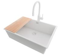 PRIMAGRAN Evier Cuisine en Granit au Meuble 70cm + Robinet, 66x47cm | Set: Robinet BW6020 + Kit de Vidage + Planche à Découper + Lavabo 1 Bac - London, Tout Blanc