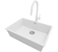 PRIMAGRAN Evier Cuisine en Granit au Meuble 70cm + Robinet, 66x47cm | Set: Robinet BW9010 + Kit de Vidage (Siphon, bonde d’évacuation, trop-plein) + Lavabo 1 Bac - London, Blanc
