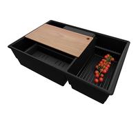 PRIMAGRAN Evier Cuisine en Granit au Meuble 80cm + Kit de Vidage, 78x53cm | Set: Kit de Vidage (Siphon, bonde d’évacuation, trop-plein) + Lavabo 2 bacs - Paris Chef, Tout Noir