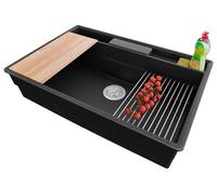 PRIMAGRAN Evier Cuisine en Granit au Meuble 80cm + Kit de Vidage, 78x53cm | Set: Kit de Vidage (Siphon, bonde d’évacuation, trop-plein) + Lavabo 1 Bac - New York, Graphite