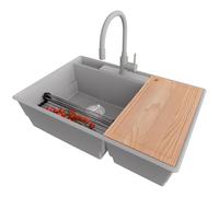 PRIMAGRAN Evier Cuisine en Granit au Meuble 80cm + Robinet, 78x53cm | Set: Robinet BW6020 + Kit de Vidage (Siphon, bonde d’évacuation, trop-plein) + Lavabo 2 bacs - Paris Chef, Gris