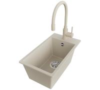 PRIMAGRAN Evier Cuisine en Granit Beige 28x50cm, Lavabo 1 bac + Robinet 38x14cm + Kit de Vidage, Évier à Encastrer au Meuble 30cm - Riga S033
