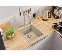 PRIMAGRAN Evier Cuisine en Granit Beige 38x53cm, Lavabo 1 bac + Accessoires, Évier à Encastrer al mueble 40cm - Oslo Pocket