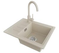 PRIMAGRAN Evier Cuisine en Granit Beige 55x44cm, Lavabo 1 bac + Robinet 32x20cm + Kit de Vidage, Évier à Encastrer al mueble 45cm - Copenhague Easy