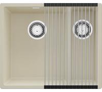 PRIMAGRAN Evier Cuisine en Granit Beige 56x47cm, Lavabo 1,5 bacs + Kit de Vidage + Égouttoir Enroulable, Évier à Encastrer al mueble 60cm - London Slim Duo S040