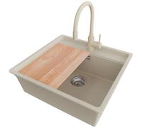 PRIMAGRAN Evier Cuisine en Granit Beige 56x53cm, Lavabo 1 bac + Kit de Vidage + Planche à Découper, Évier à Encastrer al mueble 60cm - Bergen