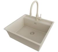 PRIMAGRAN Evier Cuisine en Granit Beige 56x53cm, Lavabo 1 bac + Robinet 38x14cm + Kit de Vidage, Évier à Encastrer al mueble 60cm - Bergen S144