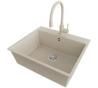 PRIMAGRAN Evier Cuisine en Granit Beige 58x50cm, Lavabo 1 bac + Robinet 38x14cm + Kit de Vidage, Évier à Encastrer al mueble 60cm - Riga S337
