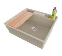 PRIMAGRAN Evier Cuisine en Granit Beige 58x53cm, Lavabo 1 bac + Kit de Vidage + Accessoires, Évier à Encastrer al mueble 60cm - New York