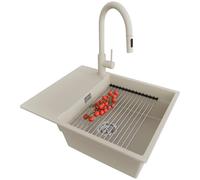 PRIMAGRAN Evier Cuisine en Granit Beige 62x50cm, Lavabo 1 bac + Kit de Vidage + Égouttoir Enroulable, Évier à Encastrer al mueble 50cm - San Francisco