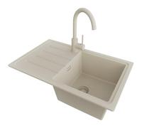 PRIMAGRAN Evier Cuisine en Granit Beige 70x44cm, Lavabo 1 bac + Robinet 32x20cm + Kit de Vidage, Évier à Encastrer al mueble 45cm - Copenhague Easy