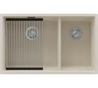 PRIMAGRAN Evier Cuisine en Granit Beige 76x47cm, Lavabo 2 bacs + Kit de Vidage + Égouttoir Enroulable, Évier à Encastrer al mueble 80cm - Prague Slim Duo