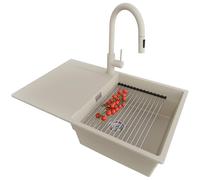 PRIMAGRAN Evier Cuisine en Granit Beige 78x50cm, Lavabo 1 bac + Kit de Vidage + Égouttoir Enroulable, Évier à Encastrer al mueble 50cm - San Francisco