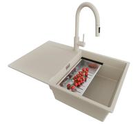 PRIMAGRAN Evier Cuisine en Granit Beige 78x50cm, Lavabo 1 bac + Robinet 40x20cm + Kit de Vidage, Évier à Encastrer au Meuble 50cm - San Francisco S070