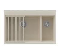 PRIMAGRAN Evier Cuisine en Granit Beige 78x50cm, Lavabo 2 bacs + Kit de Vidage + Égouttoir Enroulable, Évier à Encastrer al mueble 80cm - Oslo Duo