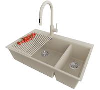 PRIMAGRAN Evier Cuisine en Granit Beige 78x50cm, Lavabo 2 bacs + Kit de Vidage + Égouttoir Enroulable, Évier à Encastrer al mueble 80cm - Oslo Duo
