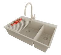 PRIMAGRAN Evier Cuisine en Granit Beige 78x50cm, Lavabo 2 bacs + Kit de Vidage + Égouttoir Enroulable, Évier à Encastrer al mueble 80cm - Oslo Duo
