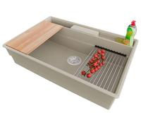 PRIMAGRAN Evier Cuisine en Granit Beige 78x53cm, Lavabo 1 bac + Kit de Vidage + Accessoires, Évier à Encastrer al mueble 80cm - New York