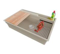 PRIMAGRAN Evier Cuisine en Granit Beige 78x53cm, Lavabo 1 bac + Kit de Vidage + Accessoires, Évier à Encastrer al mueble 80cm - Oslo Pocket S340