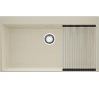 PRIMAGRAN Evier Cuisine en Granit Beige 88x50cm, Lavabo 1 bac + Kit de Vidage + Égouttoir Enroulable, Évier à Encastrer al mueble 90cm - Oslo S414