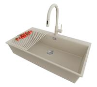 PRIMAGRAN Evier Cuisine en Granit Beige 88x50cm, Lavabo 1 bac + Kit de Vidage + Égouttoir Enroulable, Évier à Encastrer al mueble 90cm - Oslo