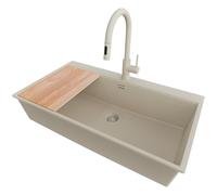 PRIMAGRAN Evier Cuisine en Granit Beige 88x50cm, Lavabo 1 bac + Kit de Vidage + Planche à Découper, Évier à Encastrer al mueble 90cm - Oslo