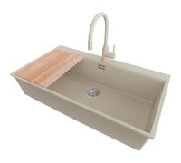 PRIMAGRAN Evier Cuisine en Granit Beige 88x50cm, Lavabo 1 bac + Kit de Vidage + Planche à Découper, Évier à Encastrer al mueble 90cm - Oslo
