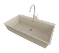 PRIMAGRAN Evier Cuisine en Granit Beige 88x50cm, Lavabo 1 bac + Robinet 32x20cm + Kit de Vidage, Évier à Encastrer al mueble 90cm - Oslo S650