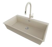PRIMAGRAN Evier Cuisine en Granit Beige 88x50cm, Lavabo 1 bac + Robinet 40x20cm + Kit de Vidage, Évier à Encastrer al mueble 90cm - Oslo S657