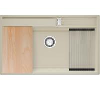 PRIMAGRAN Evier Cuisine en Granit Beige 88x53cm, Lavabo 1 bac + Accessoires, Évier à Encastrer al mueble 90cm - Oslo Pocket